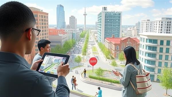 A digital rendering of a cityscape where citizens interact with a virtual urban planning platform on tablets and smartphones, exchanging ideas and visualizing community improvements in real-time, illustrating the collaborative and innovative nature of UrbanVoice Collaborate.