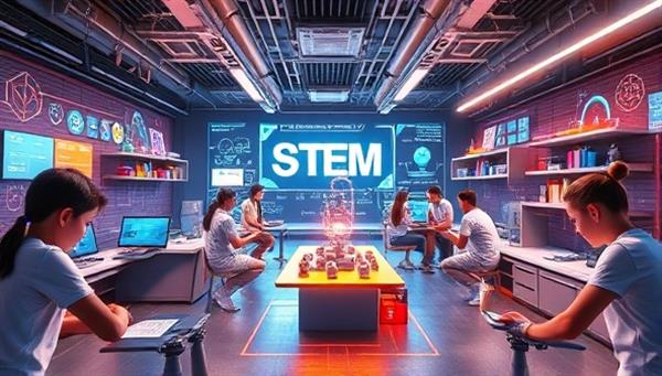 An immersive 3D rendering of a virtual STEM lab environment with students conducting experiments, programming robots, and collaborating on projects, surrounded by futuristic technology interfaces and educational tools, illustrating a dynamic and hands-on STEM learning experience.