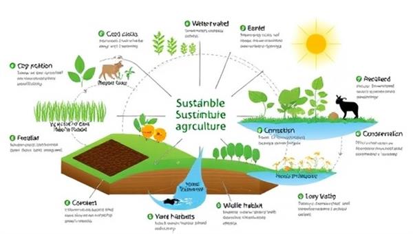 An illustrative diagram depicting the various elements of sustainable agriculture, including crop rotation, composting, water conservation, and wildlife habitat preservation, showcasing the holistic approach and environmental benefits of GreenHarvest Solutions