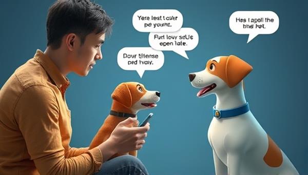 An imaginative depiction of a pet owner using the virtual pet language translator device to communicate with their pet, showing animated speech bubbles with translated pet vocalizations and emotions, illustrating the seamless communication facilitated by the innovative technology.
