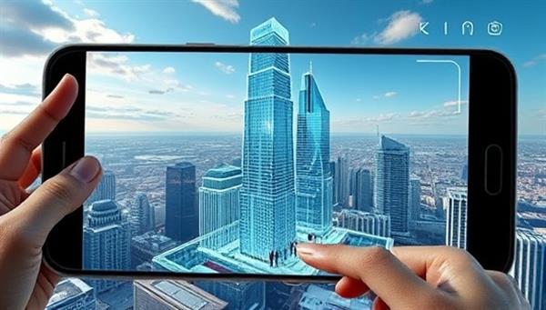 An augmented reality view of a digital skyscraper model superimposed onto a city skyline, with virtual people interacting with the building design elements, showcasing the immersive and futuristic experience of ARchitect Viz