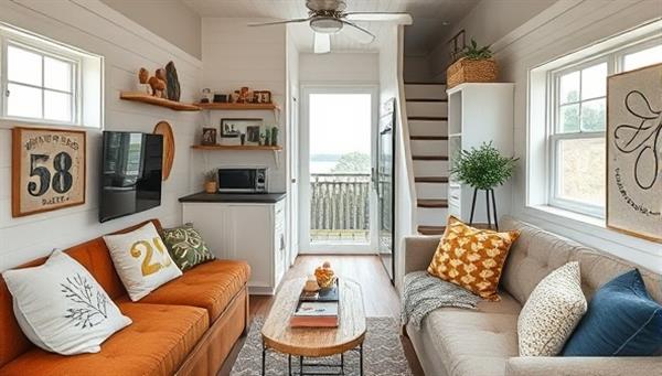 An impeccably staged tiny home interior with clever storage solutions, multipurpose furniture, and inviting decor elements, creating a cozy and stylish living space that maximizes every inch.