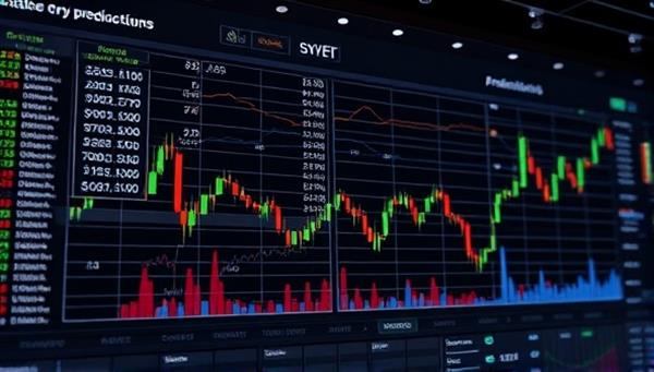 A digital marketplace interface displaying cryptocurrency predictions being bought and sold, with interactive charts and graphs representing price movements, symbolizing the dynamic nature of CryptoOracle