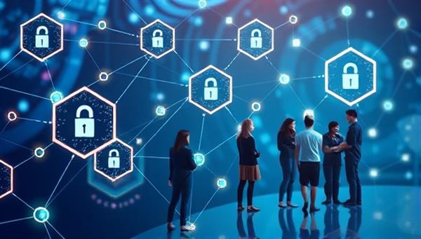 An abstract representation of interconnected blockchain blocks symbolizing secure transactions and a diverse group of freelancers and clients collaborating on a digital platform, showcasing transparency and efficiency.