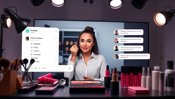 A dynamic virtual beauty masterclass setup with a professional instructor conducting a live makeup tutorial, surrounded by beauty tools, products, and a virtual chat box for student interaction, creating an interactive and educational beauty learning experience.