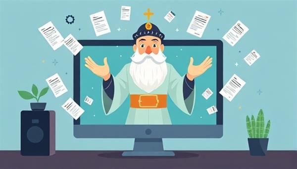 An illustration of a virtual genie emerging from a computer screen, surrounded by floating resume papers and career-related icons, symbolizing the magical resume writing assistance provided by the platform.