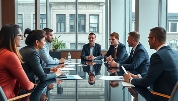 A sophisticated office setting with a team of executive recruiters engaged in a strategy session, reviewing candidate profiles and discussing recruitment strategies, projecting professionalism and expertise in executive talent acquisition.