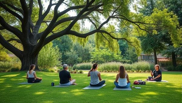 A serene nature retreat setting with participants engaged in meditation under a peaceful tree, a yoga instructor leading a class on a lush green lawn, and a group enjoying a healthy meal together, creating an immersive and relaxing ZenCity Escape experience for urban dwellers seeking mindfulness and rejuvenation.