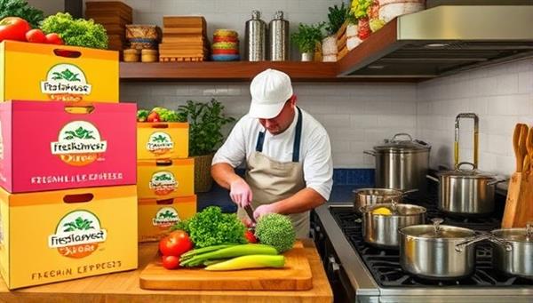An urban kitchen scene filled with colorful, fresh produce boxes from FreshHarvest Express, a chef chopping vegetables on a wooden cutting board, and pots simmering on a stove, creating a vibrant and wholesome cooking environment that celebrates farm-to-table goodness.