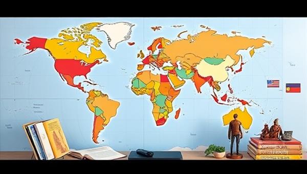 An immersive language coaching session depicted with a virtual map, language textbooks, and cultural artifacts, symbolizing a global learning experience and cross-cultural exchange in an online setting.