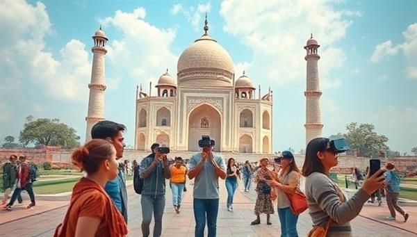An immersive virtual travel experience scene with users exploring a digital replica of a famous landmark, interacting with local guides and participating in cultural activities, capturing the essence of global travel and discovery in a virtual setting.