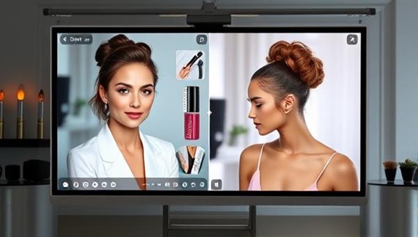 An elegant digital interface showcasing a split-screen with a beauty expert giving personalized advice on makeup techniques, skincare routines, and hairstyling tips to a client, creating a virtual beauty consultation experience.