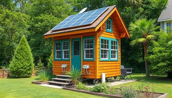 A picturesque image of a beautifully crafted tiny home surrounded by lush greenery, solar panels on the roof, and a small garden highlighting the eco-friendly and sustainable aspects of the business.