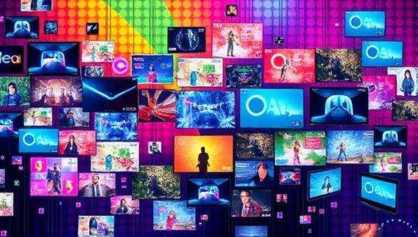 A vibrant digital art piece showcasing a diverse range of multimedia creations, including interactive videos, animations, and virtual reality experiences, all interconnected in a visually captivating display.