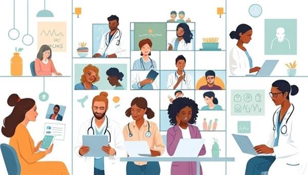 An inclusive illustration of a virtual telehealth clinic in action, showcasing diverse patients receiving medical consultations on various devices, supported by medical professionals and community health workers, creating a collaborative and accessible healthcare environment characteristic of NeighborHealth Clinics.