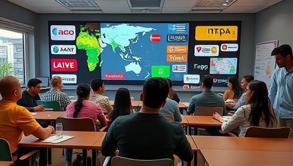 An immersive virtual classroom setting with language tutors and students interacting in various languages, showcasing a vibrant and diverse learning environment that transcends borders and cultures.