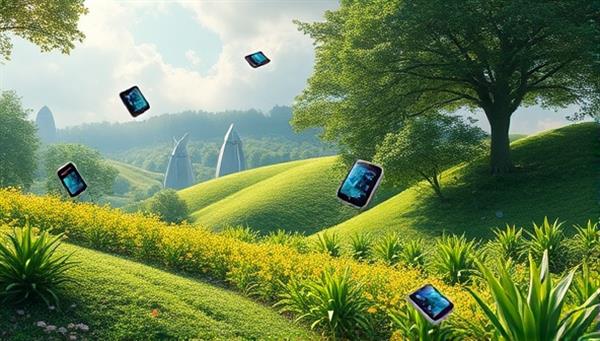 An artistic rendering of a lush green landscape with futuristic eco-friendly gadgets floating in the air, symbolizing a harmonious blend of technology and sustainability.