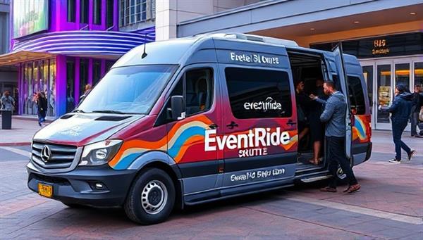 An image of a personalized shuttle van adorned with EventRide Shuttle branding, parked outside a bustling event venue, with passengers boarding the shuttle, conveying convenience and professionalism in event transportation services.