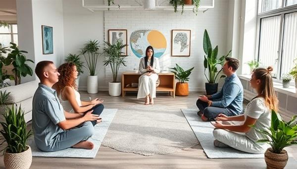A serene workplace setting with employees participating in a mindfulness meditation session led by a mental health consultant, surrounded by calming decor, plants, and relaxation aids, promoting a culture of mental wellness and stress relief in the workplace.