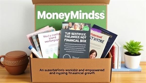 An inspiring MoneyMindsBox showcasing financial books, budgeting tools, and workshop access, with subscribers engaging in financial activities and learning experiences, symbolizing empowerment and ongoing financial growth.
