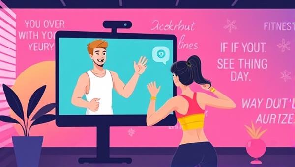 A vibrant digital illustration of a virtual fitness coach guiding a user through an energetic workout session via a video call, with motivational quotes in the background to inspire users.