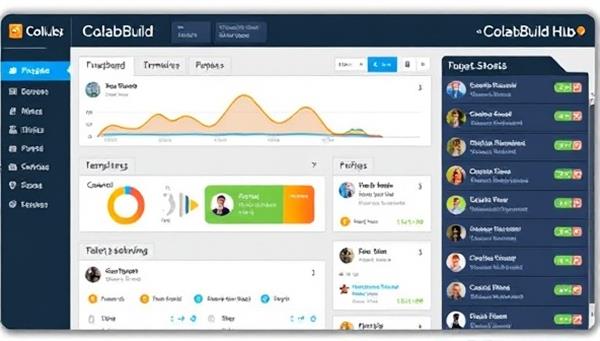 An interactive dashboard display of CollabBuild Hub showcasing project timelines, team member profiles, document sharing features, and real-time chat functionalities, illustrating the platform