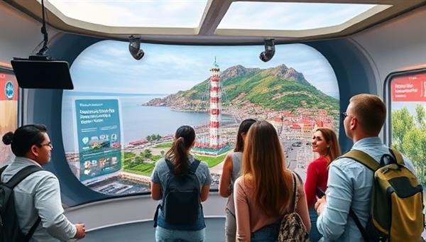 An engaging virtual tour interface displaying a scenic local landmark with interactive elements for users to explore, accompanied by a diverse group of individuals enjoying the immersive experience together, highlighting the platform
