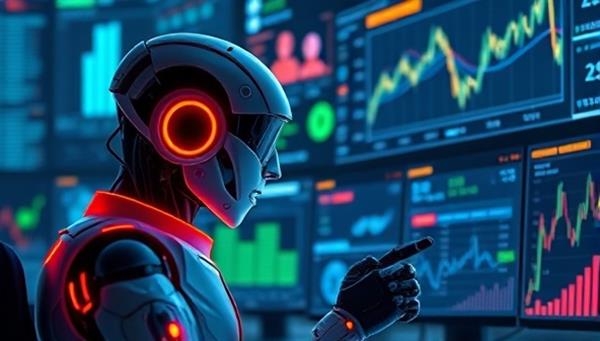 An innovative illustration of a futuristic AI assistant analyzing financial data on multiple screens, with glowing charts and graphs, symbolizing cutting-edge financial insights and technology.