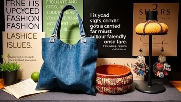An artistic display featuring a collection of upcycled fashion accessories, including a denim tote bag, leather belt, and fabric scrap earrings, arranged against a backdrop of sustainable fashion quotes and eco-friendly materials, highlighting the creativity and elegance of repurposed fashion in a modern and conscious context.
