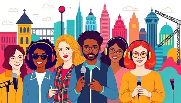 A colorful graphic depicting various podcast hosts with microphones, surrounded by iconic local landmarks, symbolizing diverse storytelling and community representation in podcasting.
