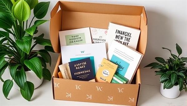 An aesthetically pleasing and organized subscription box filled with financial planning tools, books, and motivational quotes, surrounded by green plants and a cozy workspace, evoking a sense of productivity and financial empowerment.