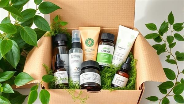 An aesthetically pleasing and eco-friendly beauty box filled with natural and sustainable beauty products, surrounded by greenery and recyclable packaging materials, showcasing the commitment to clean beauty and environmental responsibility.