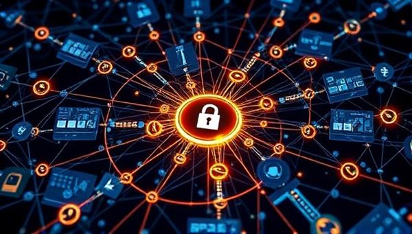 An intricate network of interconnected blockchain nodes symbolizing the secure and transparent ad ecosystem created by TransAdChain, with digital ad banners and data streams flowing seamlessly between nodes, illustrating the integrity and trustworthiness of the platform.