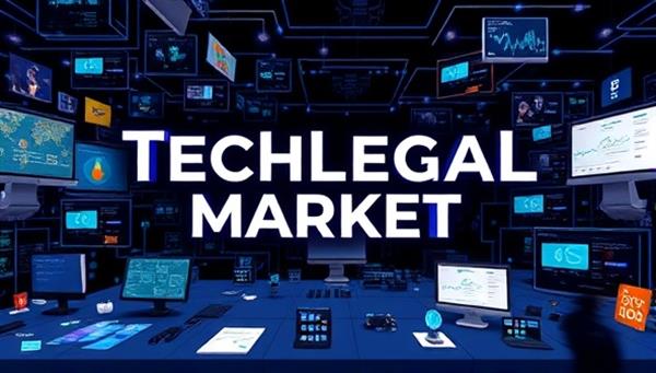 A dynamic visual of TechLegal Market showcasing a variety of legal tech solutions on a digital platform, with software interfaces, AI tools, and analytics dashboards, creating a tech-savvy and innovative atmosphere for legal professionals seeking cutting-edge solutions.