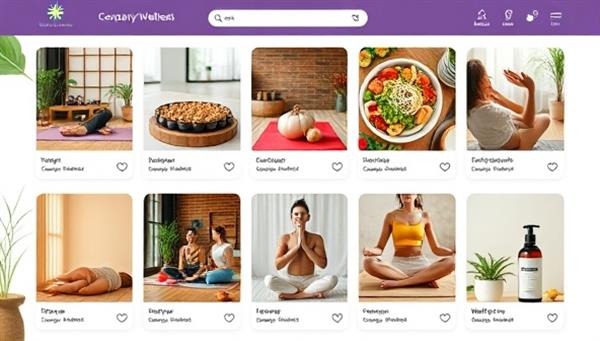 An online marketplace interface showcasing various wellness services and products, with vibrant images of yoga classes, healthy meals, therapy sessions, and wellness products, creating a one-stop hub for holistic health.