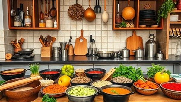 An inviting kitchen setting with a diverse array of global spices, cooking utensils, and fresh ingredients, reflecting the vibrant and flavorful experiences offered in the cultural food tours and cooking classes hub.