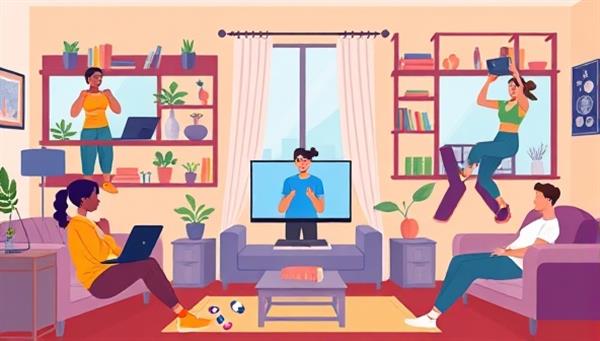 A vibrant digital illustration of diverse individuals working out in different home settings, following a virtual trainer on their screens, showcasing inclusivity, convenience, and motivation.