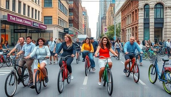 An urban scene depicting a diverse group of people riding colorful bikes through a bustling city street, with bike rental stations in the background and iconic city landmarks, conveying a sense of community, mobility, and urban exploration.
