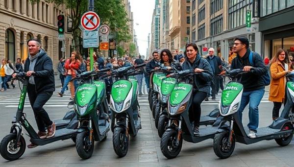 An urban street scene with a row of sleek electric scooters lined up for rental, surrounded by bustling city life and diverse commuters enjoying a convenient and sustainable ride with EcoScoot Connect, highlighting the ease and eco-friendliness of electric scooters.