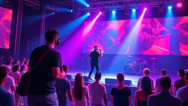 An artist performing on a virtual stage with a live audience interacting through chat, creating a dynamic and engaging concert experience, with colorful lighting and digital effects enhancing the virtual performance atmosphere.