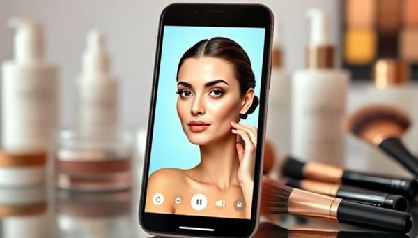 An elegant smartphone displaying a virtual beauty consultation session, with a backdrop of skincare products and makeup brushes, showcasing a virtual beauty makeover in progress.
