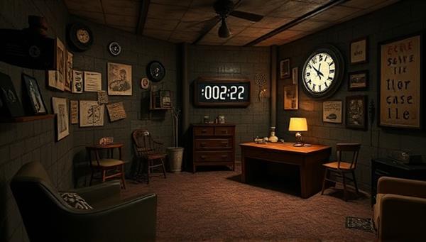 An immersive digital escape room scene featuring intricate puzzles, mysterious clues, and a countdown timer, creating a sense of urgency and excitement for players navigating through the challenges.