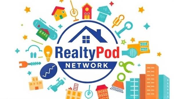 A visually appealing podcast cover art featuring the RealtyPod Network logo surrounded by iconic real estate symbols like houses, keys, and buildings, with a vibrant color palette and modern design elements, capturing the essence of the diverse podcast offerings.