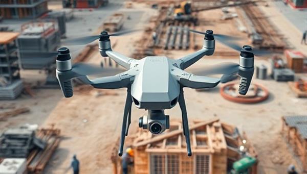 Aerial view captured by a drone showing a construction site with workers in action, equipment moving, and progress being made, highlighting the efficiency and comprehensive monitoring capabilities of drone technology in construction.