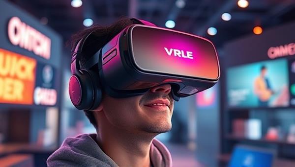 An artistic rendering of a user wearing a VR headset, fully immersed in a virtual environment where branded products and interactive elements are seamlessly integrated, conveying the immersive nature of VR ads.