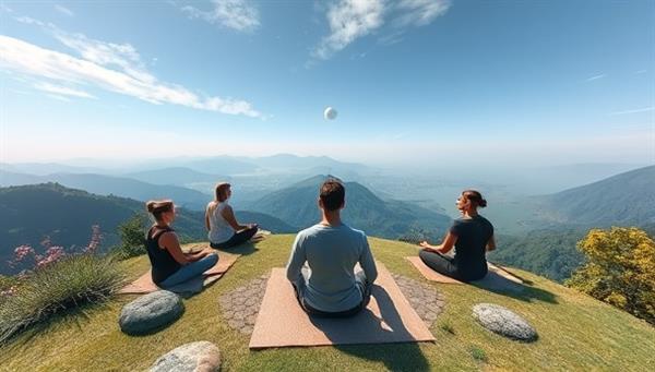A serene virtual nature setting featuring users participating in a guided meditation session surrounded by calming landscapes, soothing sounds, and peaceful visuals, capturing the essence of relaxation and mindfulness on SerenitySphere VR.