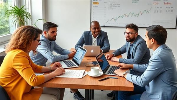 A group of diverse individuals sitting around a table with laptops and financial charts, engaged in a lively discussion about investment opportunities, showcasing collaboration and shared learning in the InvestTogether club.