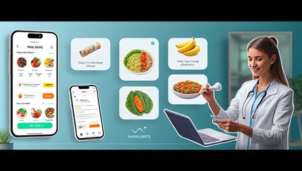 An innovative digital visualization showcasing a user interacting with the NutriGenie Pro app interface, exploring recipes, tracking meal intake, receiving nutritional tips, and engaging in a virtual consultation with a nutrition expert, illustrating a seamless and personalized nutrition experience.