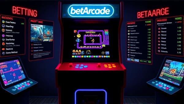 An artistic rendition of a retro arcade cabinet with glowing buttons and a screen displaying classic games like Pac-Man and Space Invaders, surrounded by digital betting options and leaderboards, capturing the nostalgic and competitive essence of BetArcade