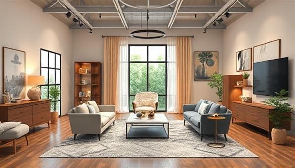 An artistic rendering of a virtual interior design studio with a mix of modern and classic design elements, showcasing a variety of furniture styles, color schemes, and decor accessories, creating an inviting and inspirational virtual space for home design consultations and decor planning.